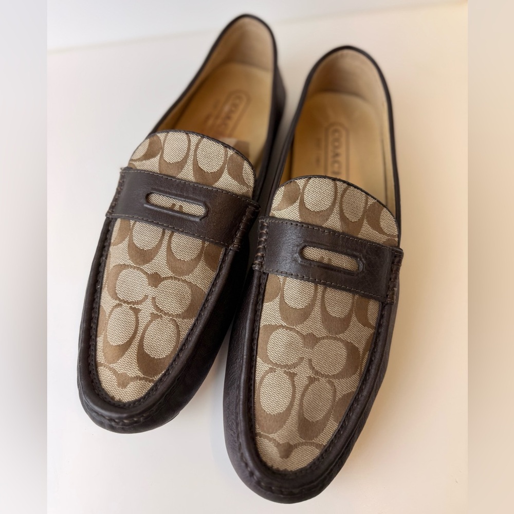 Coach Men’s Neal Signature C Jacquard Leather Driving Loafers Brown Q907 Size 13 - Picture 3 of 12